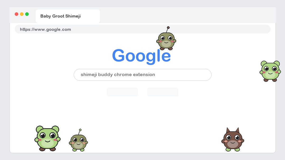 Baby Groot Shimeji walking on a Google Chrome web page